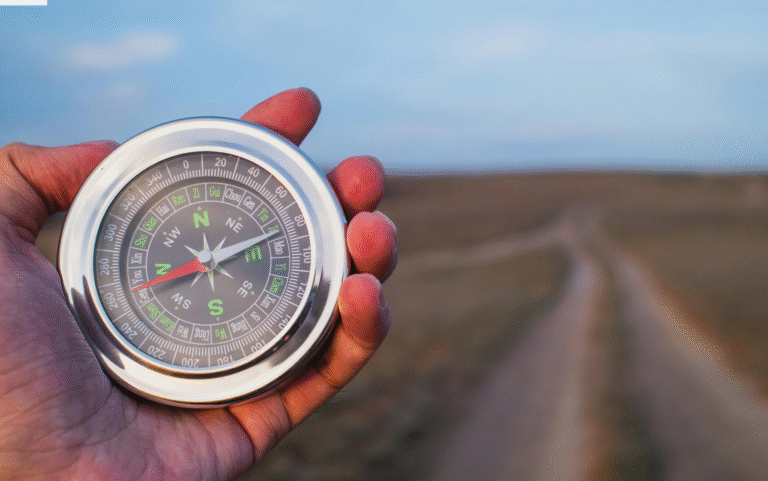 A hand holding a compass in the foreground. In the background is a blue sky, meeting a dusty landscape at the horizon